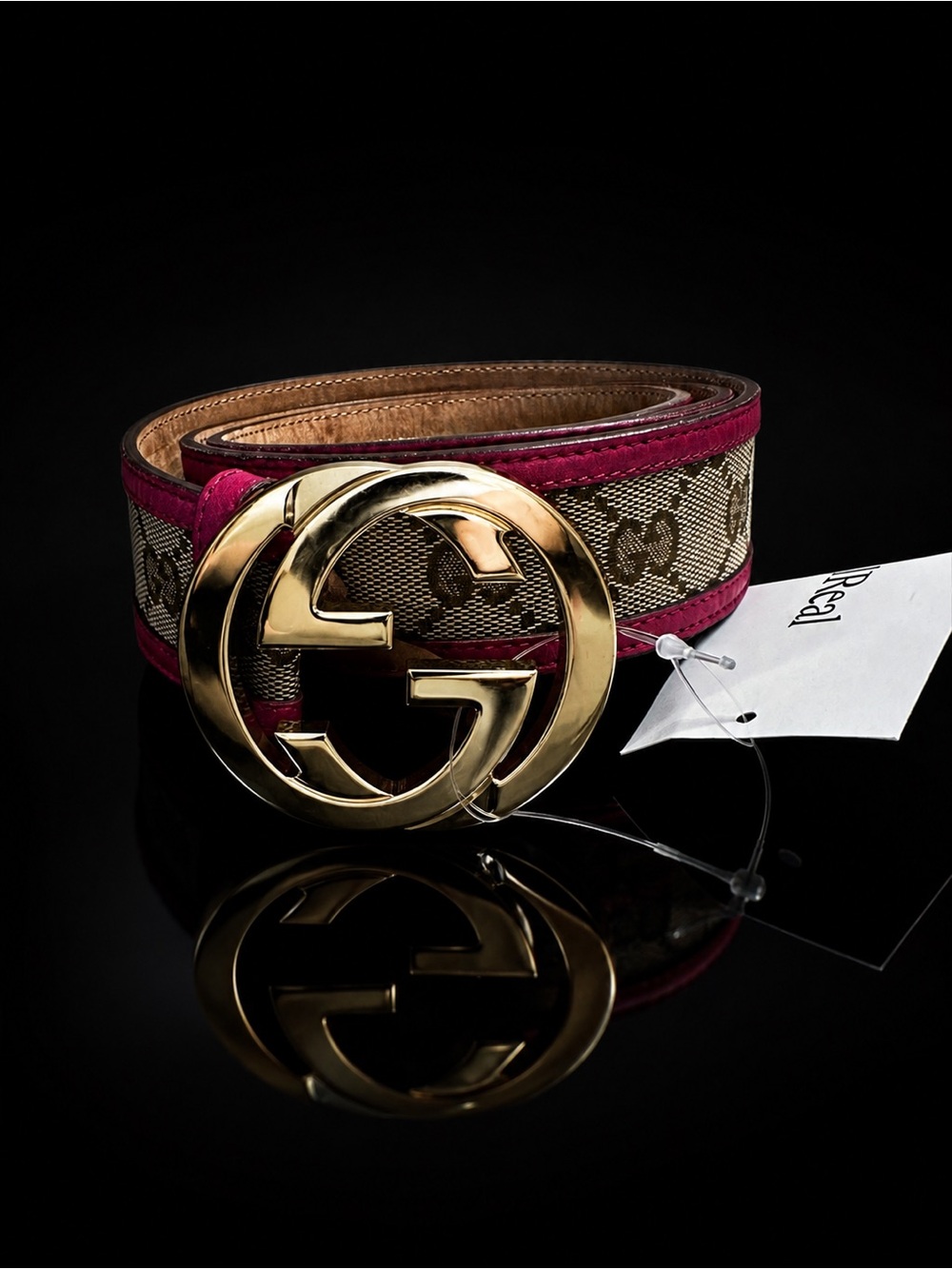 Gucci GG Canvas Belt with Gold Double G Buckle and Pink Trim sz 95